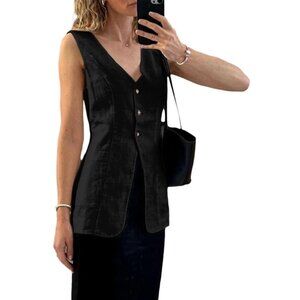 NWT Minaself Linen Vest Blazer Sleeveless Jacket Tops Black Business XXL